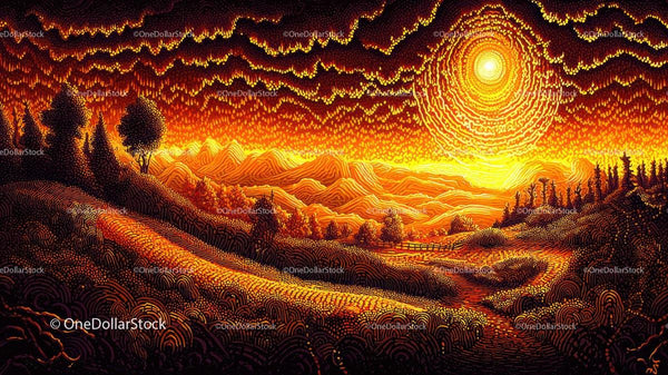 Vivid Sunset Over Rolling Hills in Stylized Art