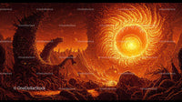 Surreal Alien Landscape with Fiery Sun and Vibrant Patterns
