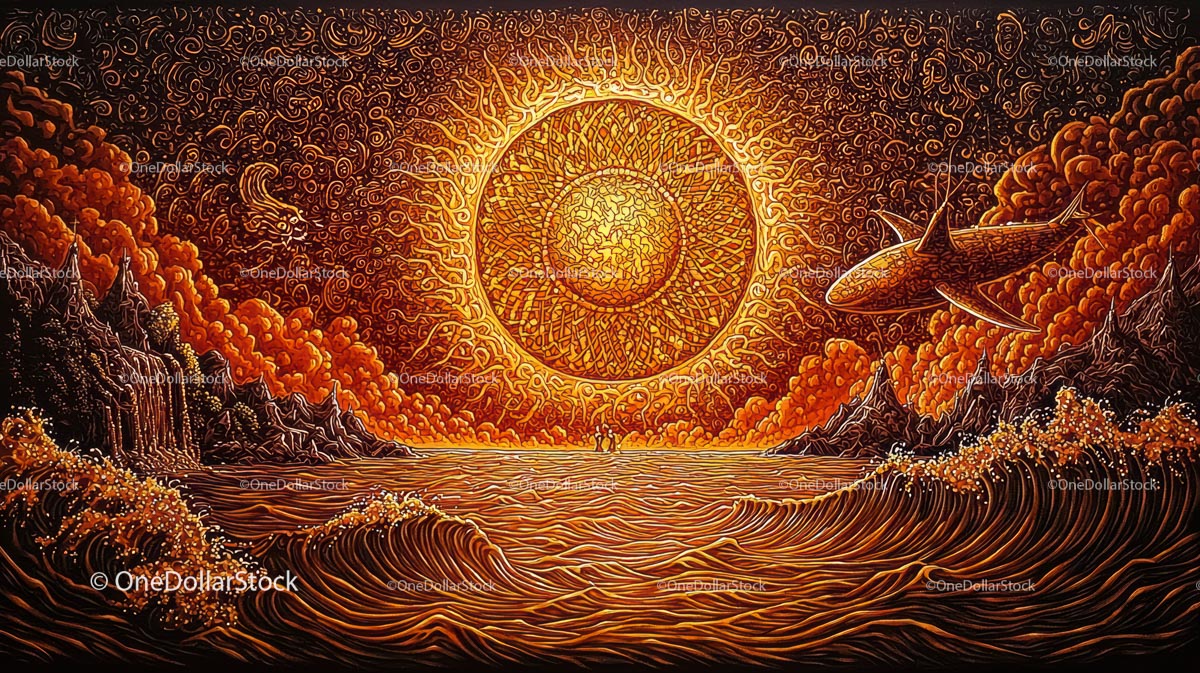 Surrealistyczny krajobraz oceanu z rozświetlającym się słońcem i elementami fantasy