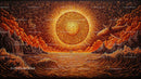 Surreal Ocean Landscape with Glowing Sun and Fantasy Elements