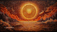 Surreal Ocean Landscape with Glowing Sun and Fantasy Elements