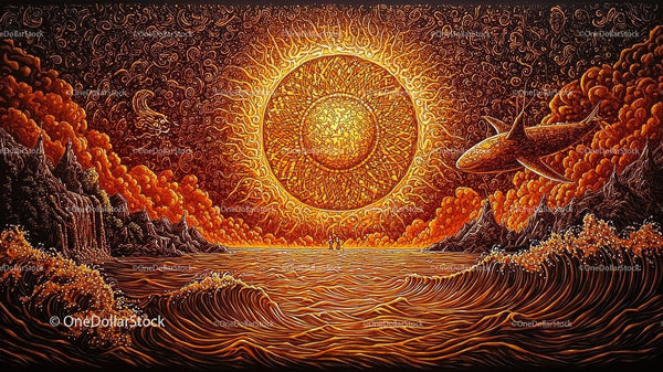 Surreal Ocean Landscape with Glowing Sun and Fantasy Elements