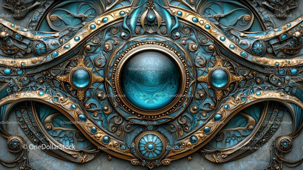 Intricate Steampunk Design with Gold and Blue Accents
