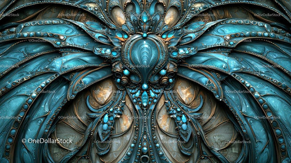 Intricate Blue and Gold Abstract Artwork with Ornate Details