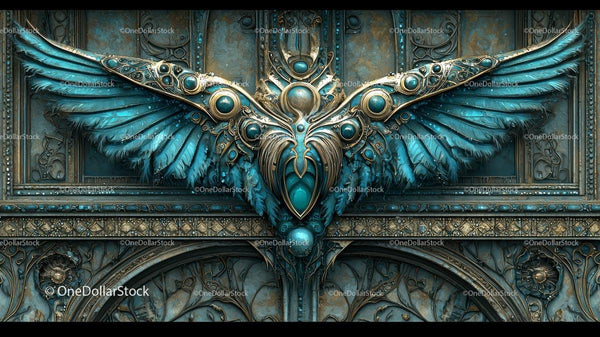 Ornate Blue and Gold Winged Decoration with Intricate Details