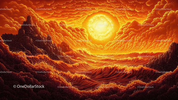 Fiery Sunset Over Surreal Ocean Waves