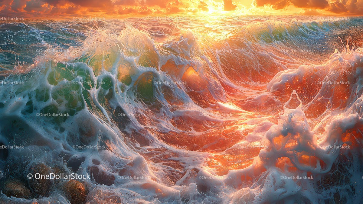 Tętniące życiem fale oceanu o zachodzie słońca z błyszczącym światłem