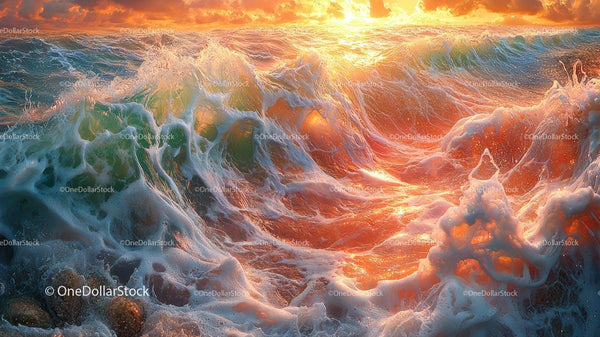 Vibrant Ocean Waves at Sunset with Glowing Light