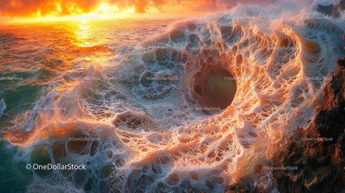 Wir oceaniczny wśród dramatycznego zachodu słońca