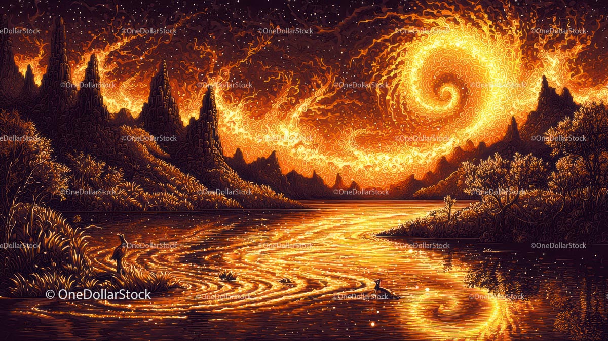 Surrealistyczny krajobraz z ognistym niebem i świecącą spiralą