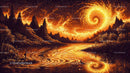 Surreal Landscape with Fiery Sky and Glowing Spiral