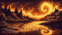 Surreal Landscape with Fiery Sky and Glowing Spiral