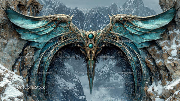 Ornate Dragon Motif Gateway in Icy Mountain Setting