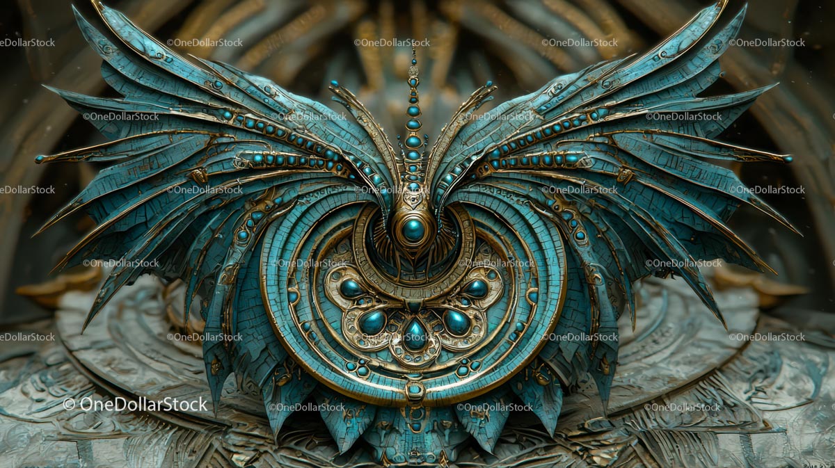 Skomplikowana metalowa rzeźba steampunkowa z mechanicznymi skrzydłami