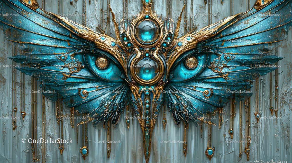 Intrygujące niebiesko-złote skrzydła steampunkowe z surrealistycznym okiem