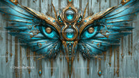 Intricate Blue and Gold Steampunk Wings with Surreal Eye