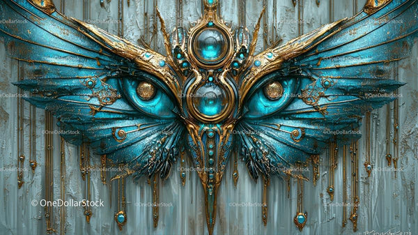Intricate Blue and Gold Steampunk Wings with Surreal Eye