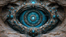 Intricate Mechanized Eye with Blue Accents in Alien Design