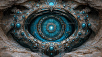 Intricate Mechanized Eye with Blue Accents in Alien Design