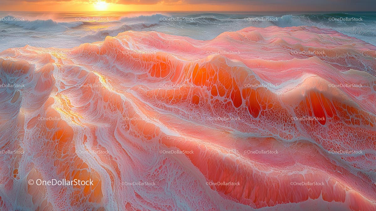 Tętniące życiem fale oceanu o zachodzie słońca z abstrakcyjną pianą morską