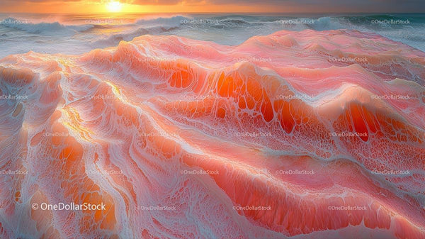 Vibrant Ocean Waves at Sunset with Abstract Sea Foam