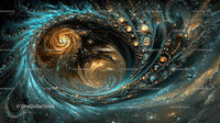 Cosmic Fractal Swirl with Golden and Blue Accents