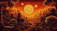 Surreal Forest at Orange Sunset with Celestial Bodies