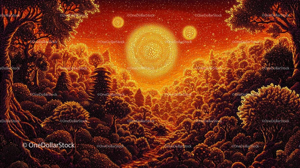 Surreal Forest at Orange Sunset with Celestial Bodies
