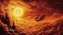 Mythical Castle amidst Swirling Vortex and Fiery Sky