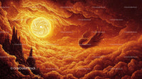 Mythical Castle amidst Swirling Vortex and Fiery Sky
