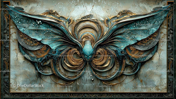 Intricate Blue and Gold Decorative Butterfly Art