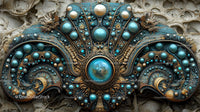 Intricate Ornamental Design with Turquoise Jewels and Gold Accents