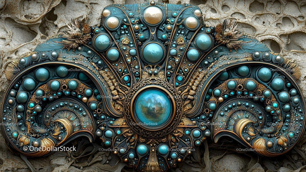 Intricate Ornamental Design with Turquoise Jewels and Gold Accents