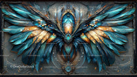 Intricate Feathered Fantasy Art with Blue and Orange Accents