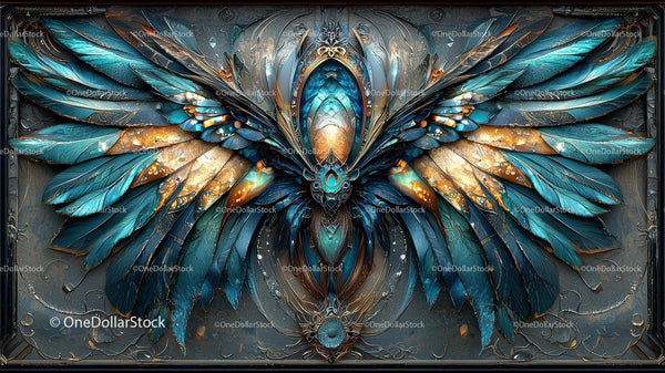 Intricate Feathered Fantasy Art with Blue and Orange Accents