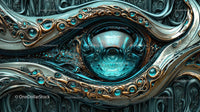 Futuristic Abstract with Metallic and Blue Eye Design