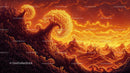 Surreal Golden Landscape with Abstract Waves and Mountains