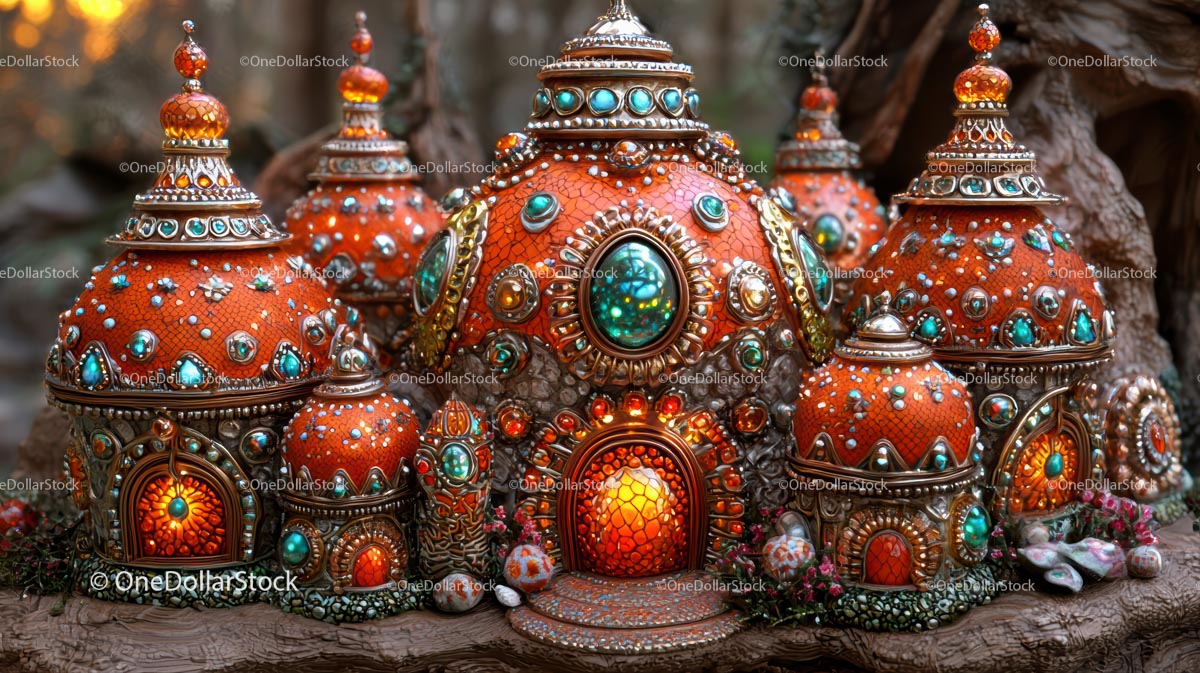 Zaczarowana wioska fantasy z ozdobnymi kopułami z klejnotów