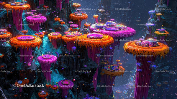 Vibrant Fantasy Landscape with Glowing Forest Mushrooms
