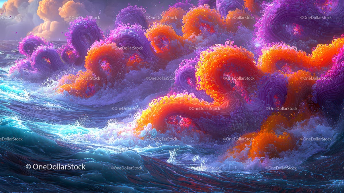 Żywe, surrealistyczne fale oceanu z wirującymi kolorami