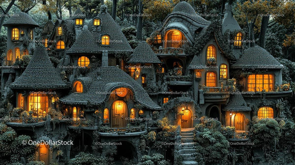 Whimsical Fairy Tale Village at Night
