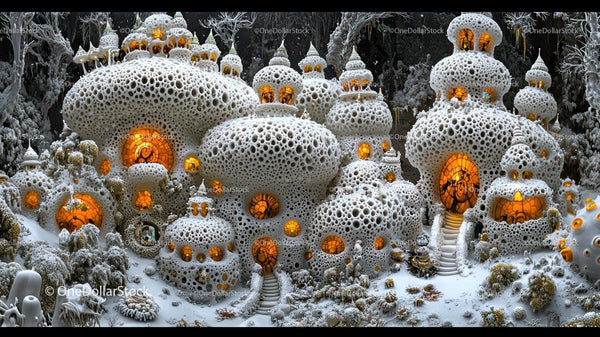 Mystical Village with Glowing Domes in Winter