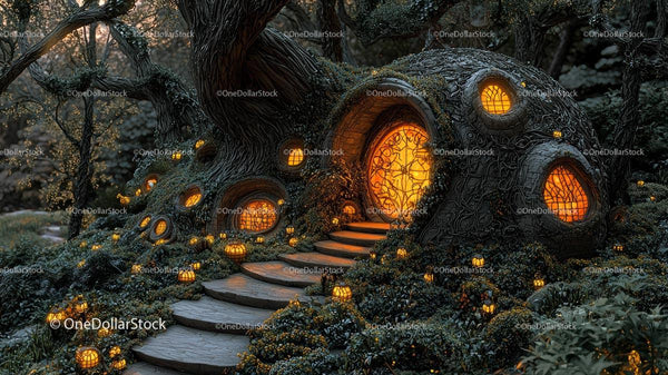 Enchanted Forest House with Glowing Windows