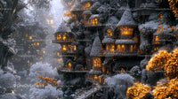 Enchanting Snow-Covered Fantasy Village at Night