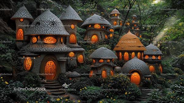 Enchanted Forest Village with Glowing Stone Cottages