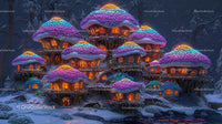 Whimsical Mushroom Village in Enchanted Snowy Forest