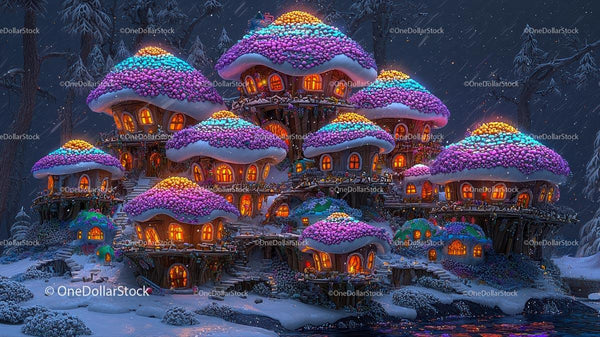 Whimsical Mushroom Village in Enchanted Snowy Forest