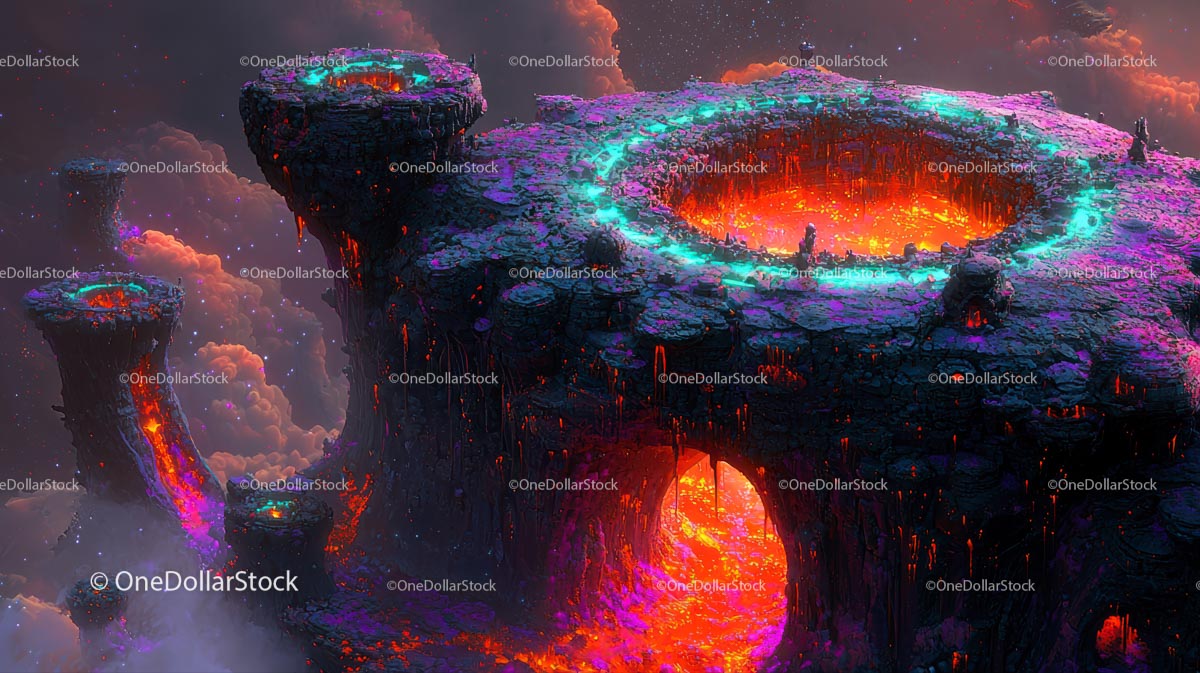 Surrealistyczny krajobraz fantasy z mieniącymi się basenami lawy