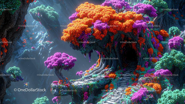 Enchanted Pathway Through a Vibrant Fantasy Forest
