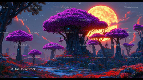 Fantastical Landscape with Glowing Moon and Purple Trees